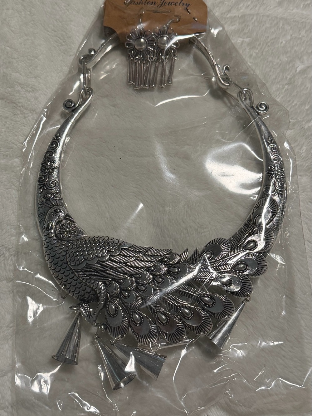 Silver Peacock Statement Necklace and Earrings - Fashion Jewelry from Thailand